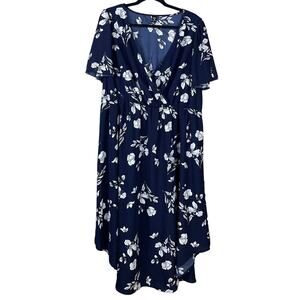 SHEIN Curve Frenchy Floral Print Surplice Neck A-line Dress Blue White Size 4XL
